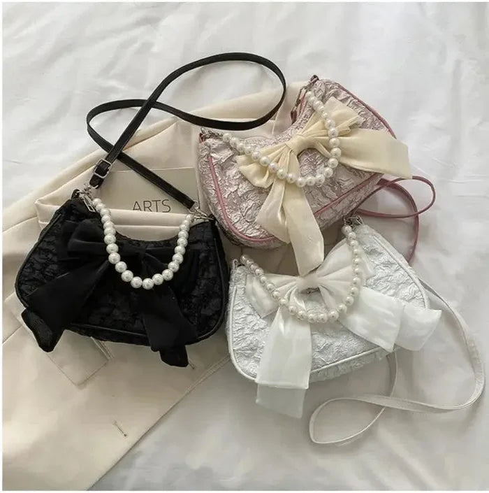 Bow Pearl Mesh Shoulder Bags fashionnsio