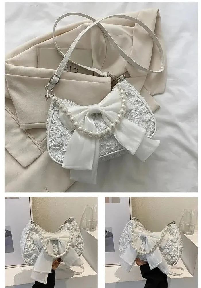 Bow Pearl Mesh Shoulder Bags fashionnsio