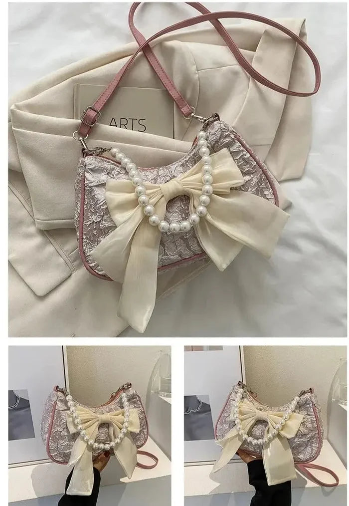 Bow Pearl Mesh Shoulder Bags fashionnsio