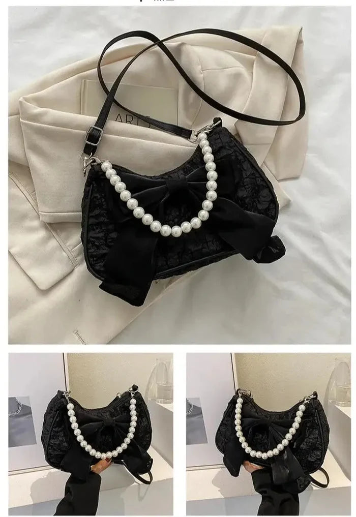 Bow Pearl Mesh Shoulder Bags fashionnsio
