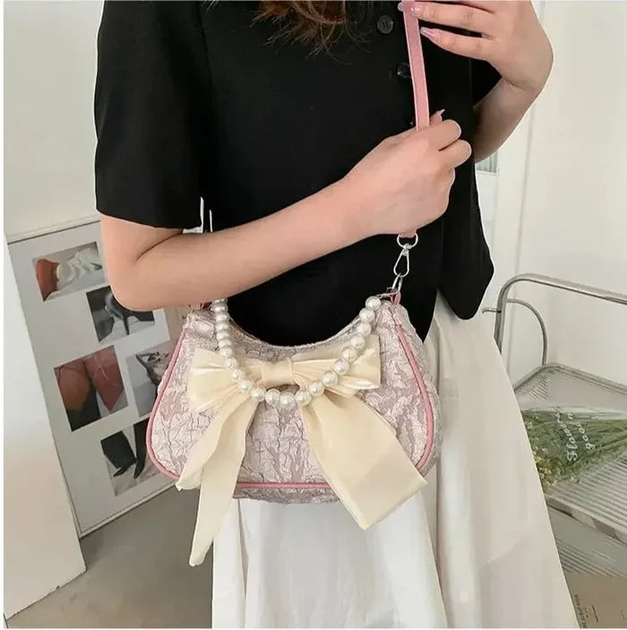 Bow Pearl Mesh Shoulder Bags fashionnsio