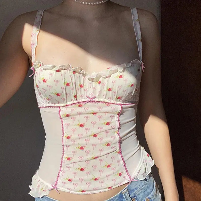 Bow Printed Mesh Ruffle Top fashionnsio