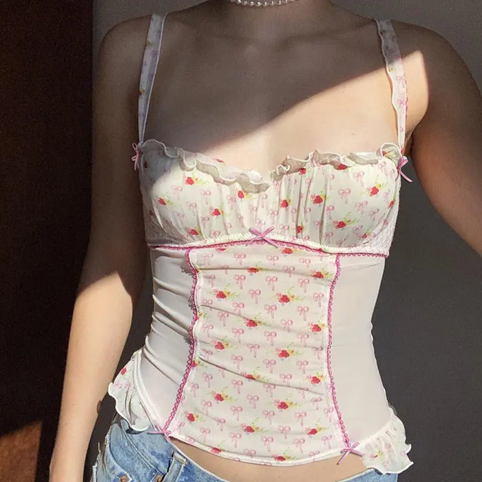 Bow Printed Mesh Ruffle Top fashionnsio