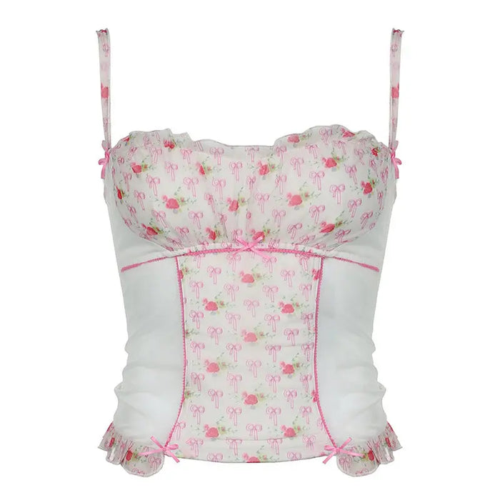 Bow Printed Mesh Ruffle Top fashionnsio