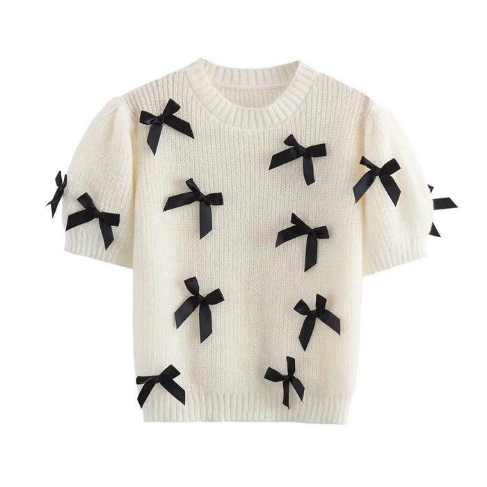 Bow Puff Sleeve Knit Sweater Top fashionnsio