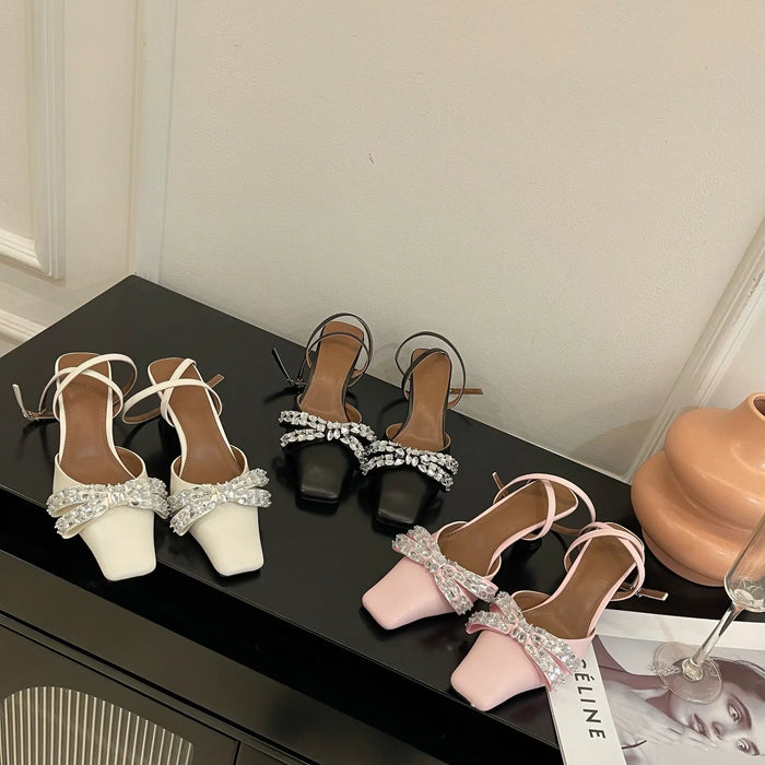 Bow Rhinestone Square Toe Ankle Strap Heels fashionnsio