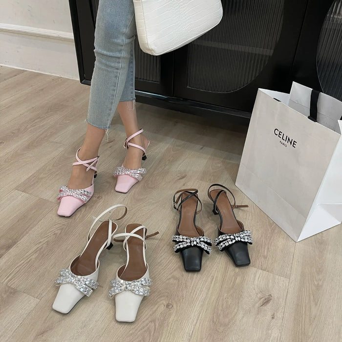 Bow Rhinestone Square Toe Ankle Strap Heels fashionnsio