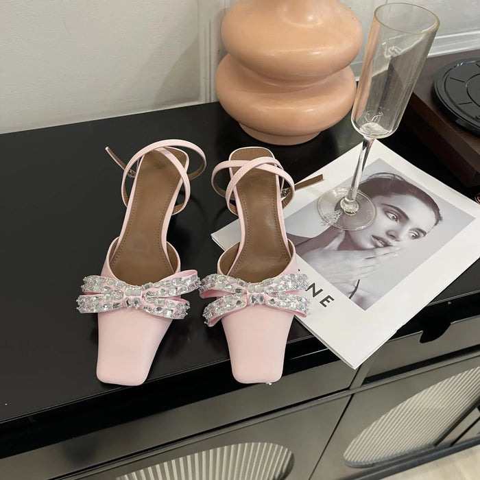 Bow Rhinestone Square Toe Ankle Strap Heels fashionnsio