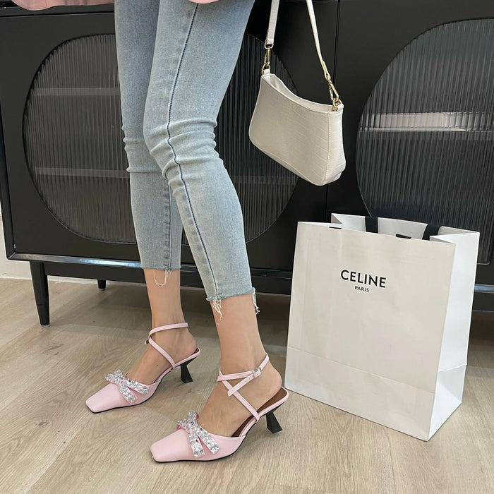 Bow Rhinestone Square Toe Ankle Strap Heels fashionnsio