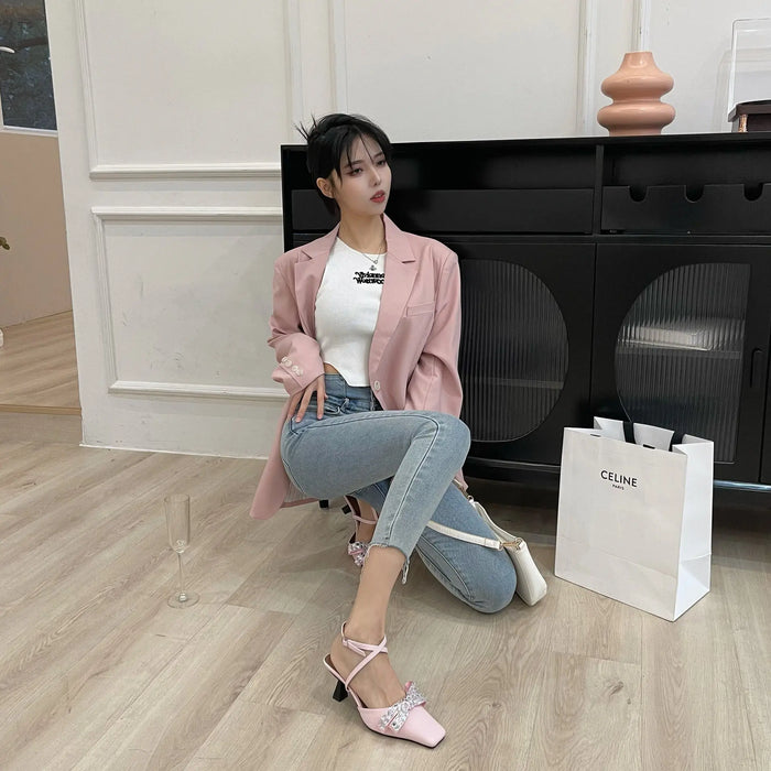 Bow Rhinestone Square Toe Ankle Strap Heels fashionnsio