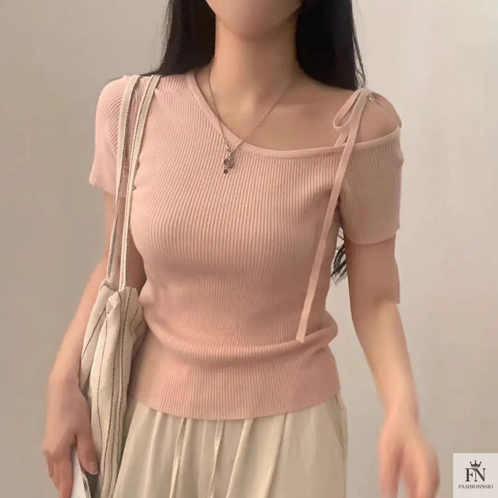 Bow Strap Ribbed One Shoulder Top - Fashionnsio