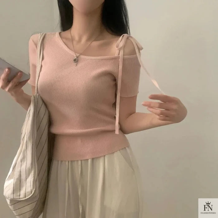 Bow Strap Ribbed One Shoulder Top - Fashionnsio