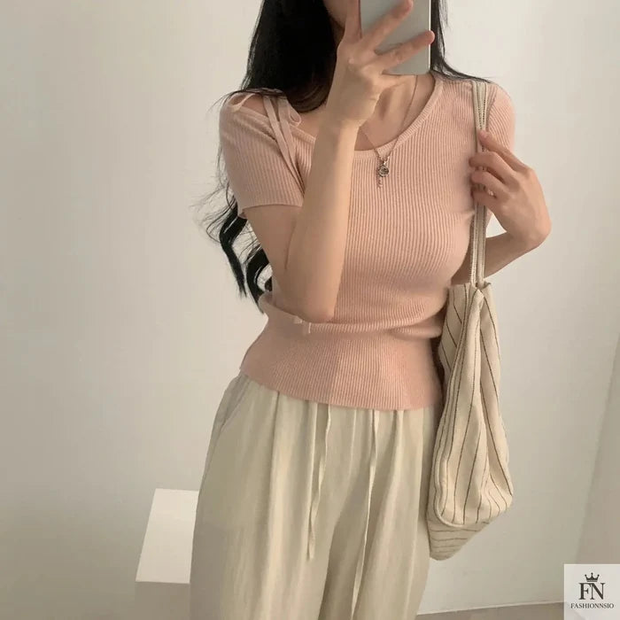 Bow Strap Ribbed One Shoulder Top - Fashionnsio