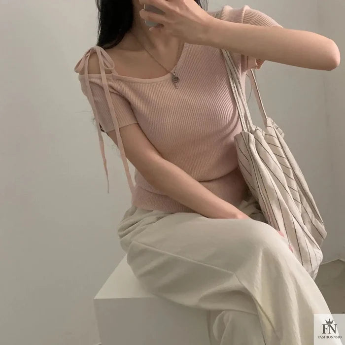 Bow Strap Ribbed One Shoulder Top - Fashionnsio