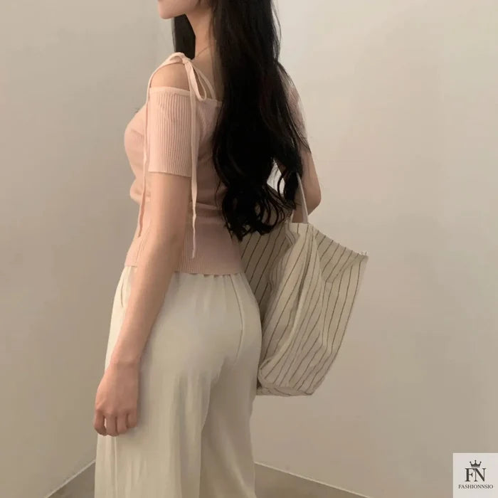 Bow Strap Ribbed One Shoulder Top - Fashionnsio