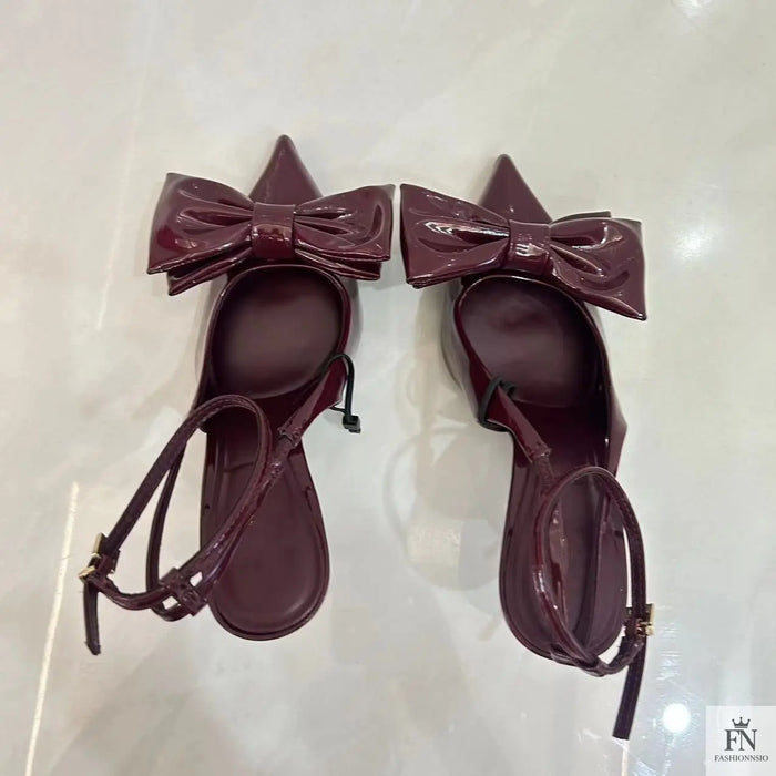 Cherry Red Bowknot Pointed Heels - Fashionnsio