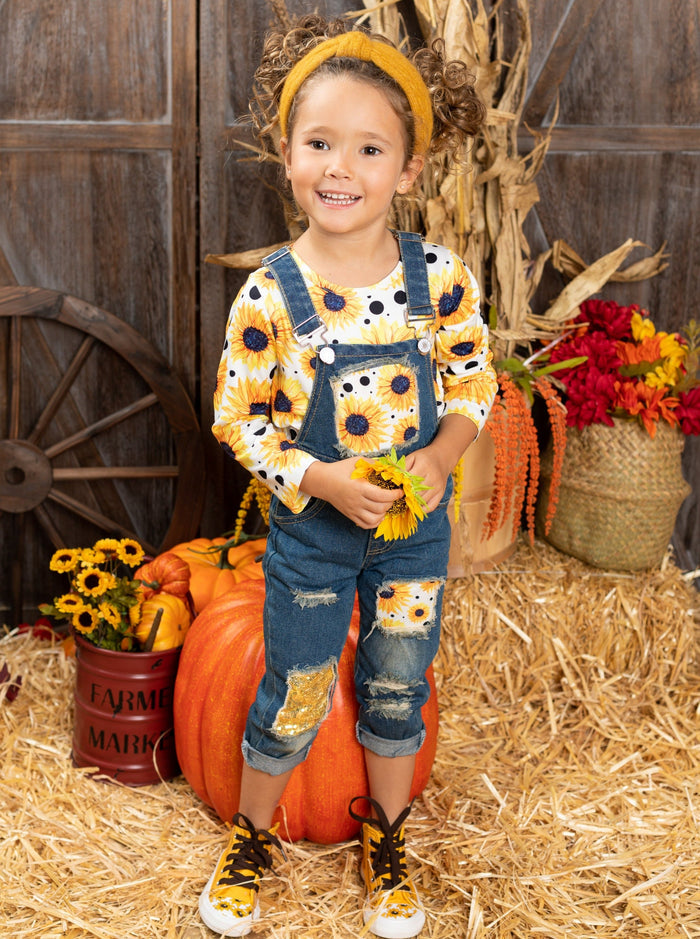 Girls Fall Sunflower Top and Denim Overall Set - Mia Belle Girls