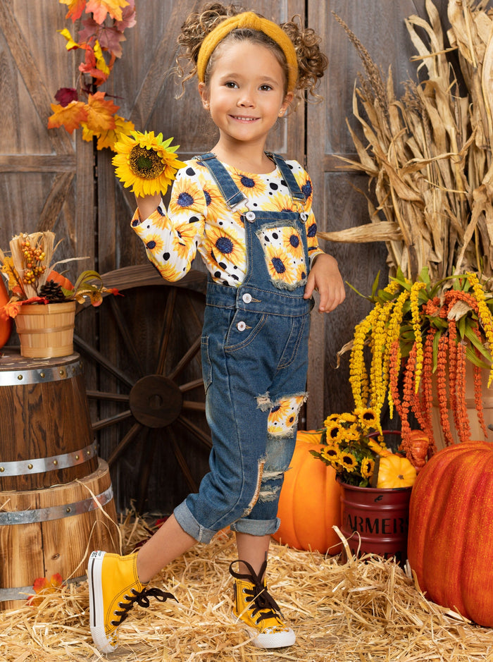 Girls Fall Sunflower Top and Denim Overall Set - Mia Belle Girls