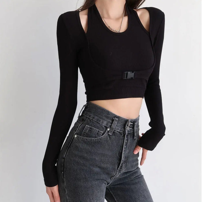 Fake 2 Piece Buckle Long Sleeve Top fashionnsio