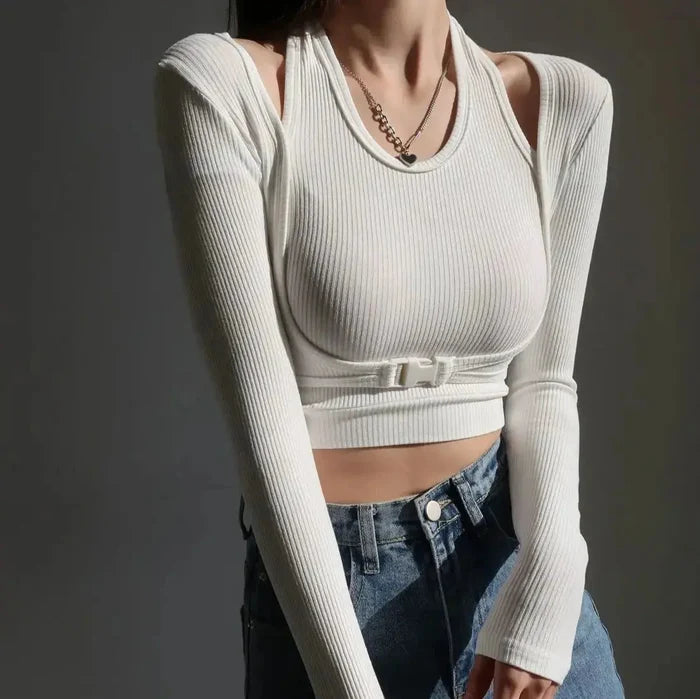 Fake 2 Piece Buckle Long Sleeve Top fashionnsio