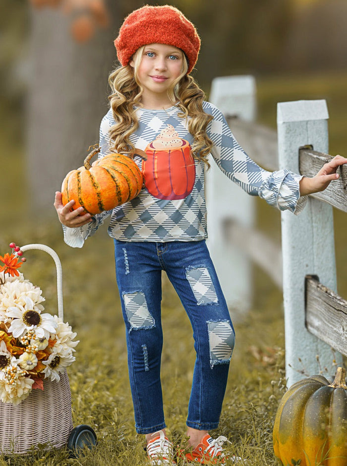 Girls Fall Outfits | Pumpkin Top & Patched Jeans Set - Mia Belle Girls