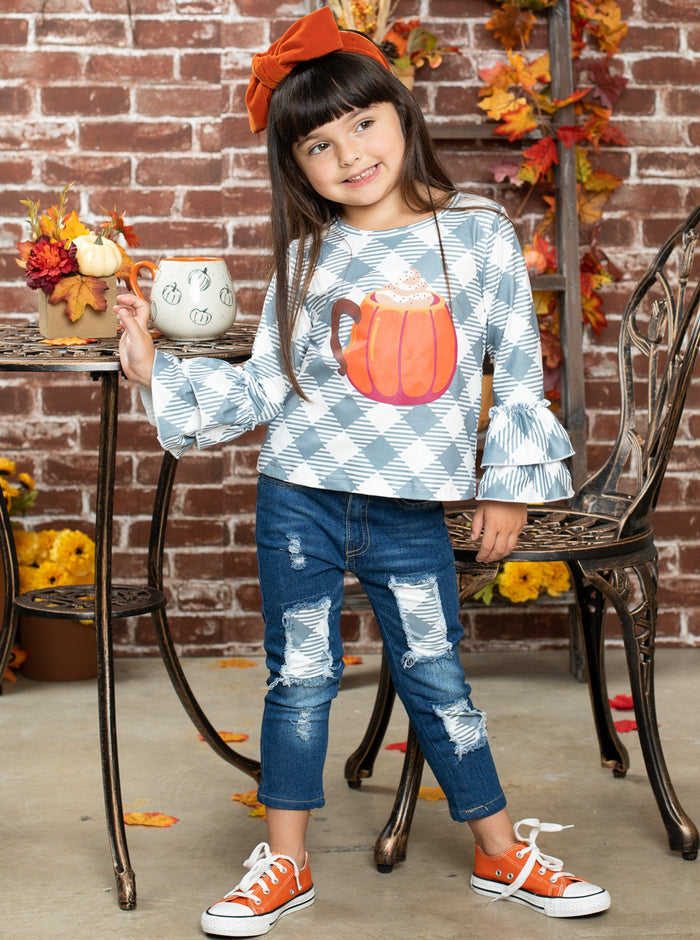 Girls Fall Outfits | Pumpkin Top & Patched Jeans Set - Mia Belle Girls