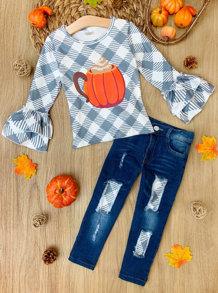 Girls Fall Outfits | Pumpkin Top & Patched Jeans Set - Mia Belle Girls