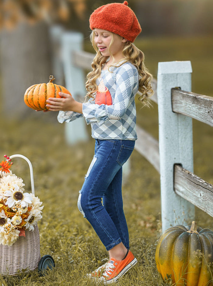 Girls Fall Outfits | Pumpkin Top & Patched Jeans Set - Mia Belle Girls