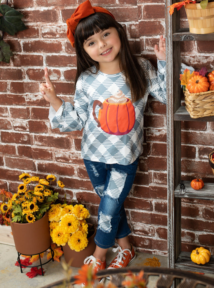 Girls Fall Outfits | Pumpkin Top & Patched Jeans Set - Mia Belle Girls