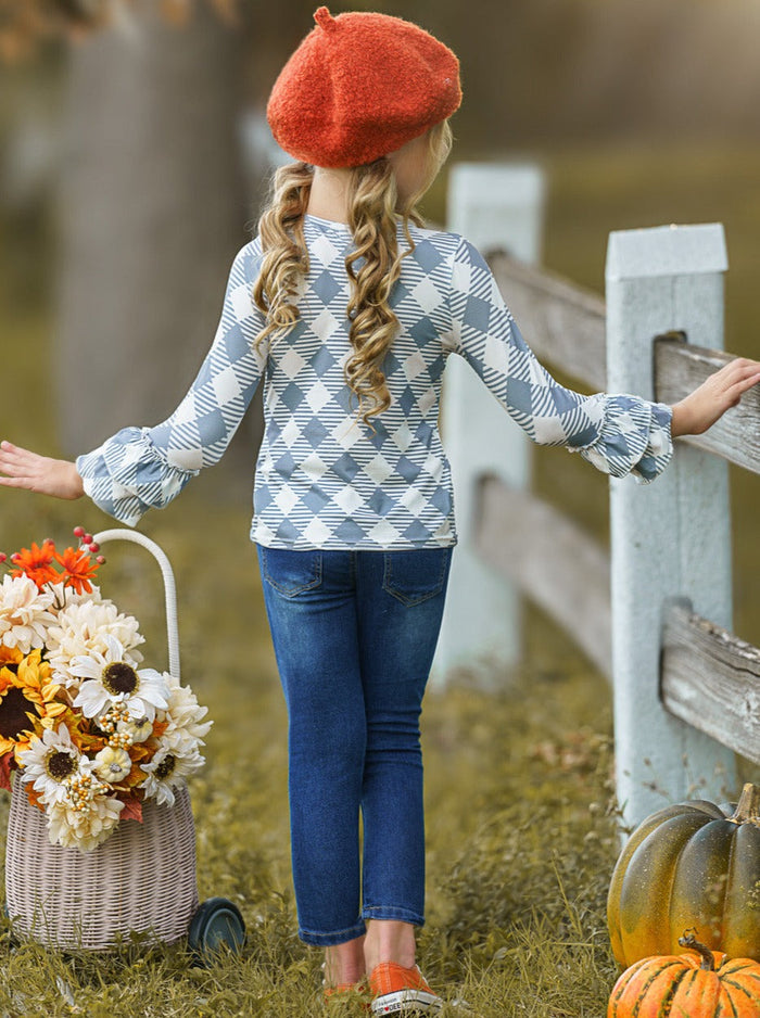 Girls Fall Outfits | Pumpkin Top & Patched Jeans Set - Mia Belle Girls