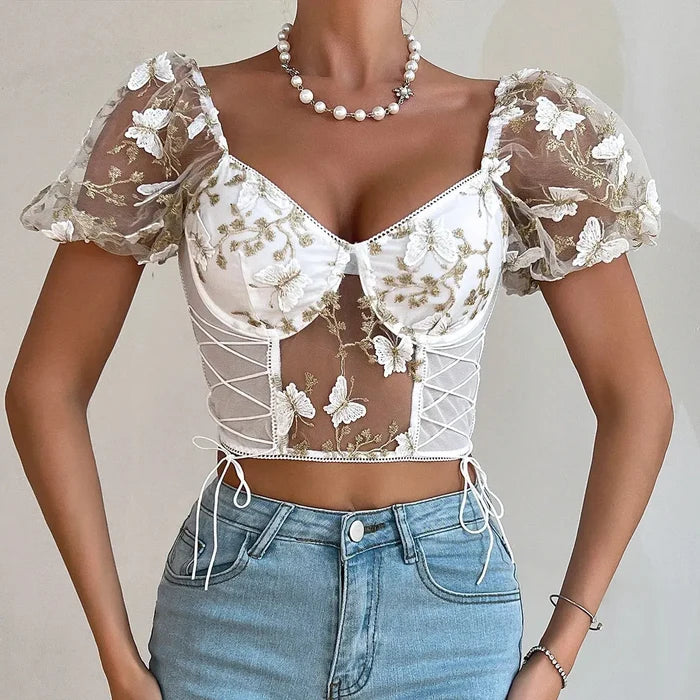 Butterfly Embroidered Lace Up Corset Top fashionnsio