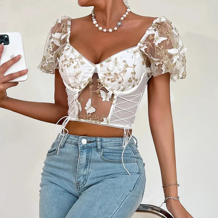 Butterfly Embroidered Lace Up Corset Top fashionnsio