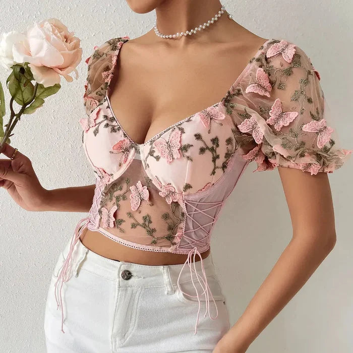 Butterfly Embroidered Lace Up Corset Top fashionnsio