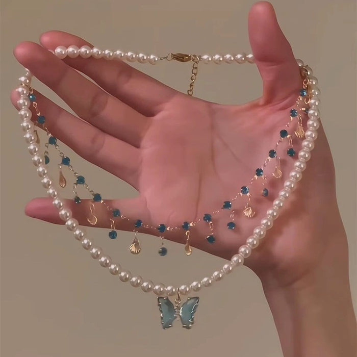 Butterfly Layered Pearl Necklace - Fashionnsio