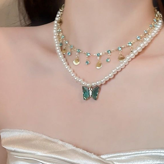 Butterfly Layered Pearl Necklace - Fashionnsio