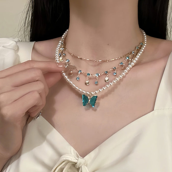 Butterfly Layered Pearl Necklace - Fashionnsio