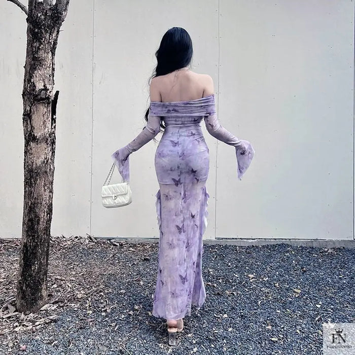 Butterfly Print Off Shoulder Ruffle Dress - Fashionnsio