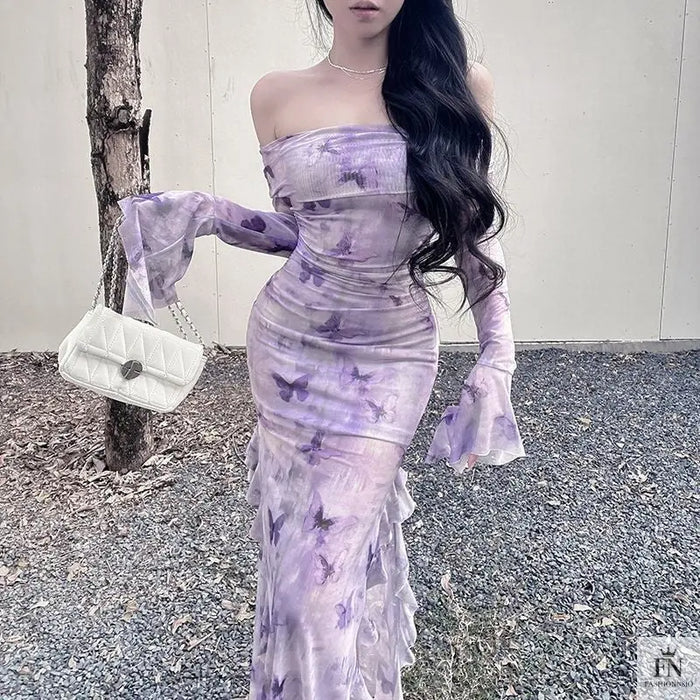 Butterfly Print Off Shoulder Ruffle Dress - Fashionnsio