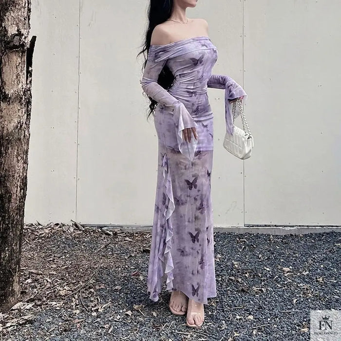 Butterfly Print Off Shoulder Ruffle Dress - Fashionnsio