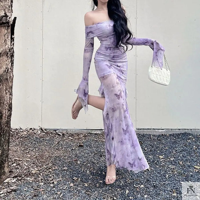 Butterfly Print Off Shoulder Ruffle Dress - Fashionnsio