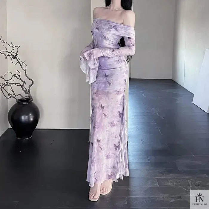 Butterfly Print Off Shoulder Ruffle Dress - Fashionnsio