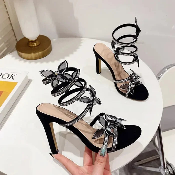 Butterfly Rhinestone Snake Wrapped Heels fashionnsio