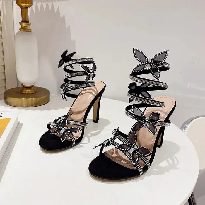 Butterfly Rhinestone Snake Wrapped Heels fashionnsio