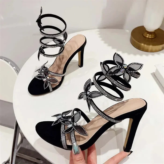 Butterfly Rhinestone Snake Wrapped Heels fashionnsio