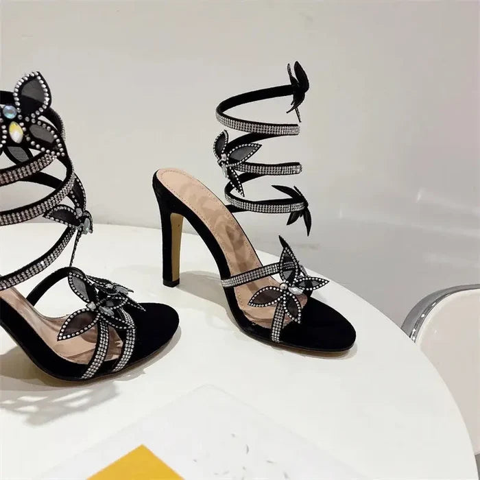 Butterfly Rhinestone Snake Wrapped Heels fashionnsio