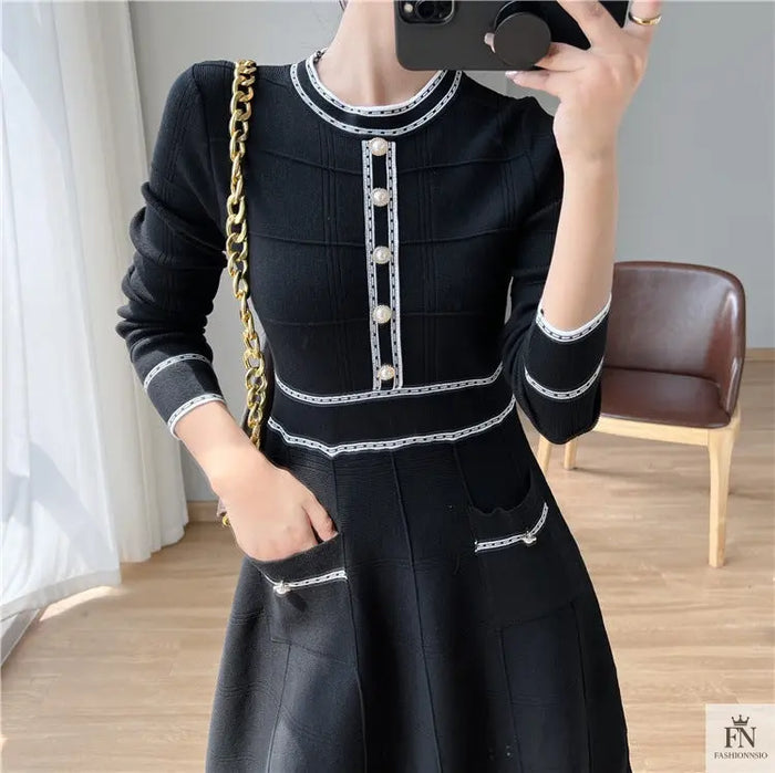 Button Knit Korean Dress - Fashionnsio