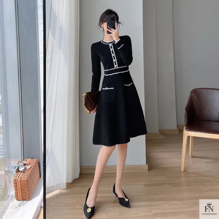 Button Knit Korean Dress - Fashionnsio