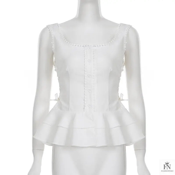 Button Side Drawstring Ruffle Top - Fashionnsio
