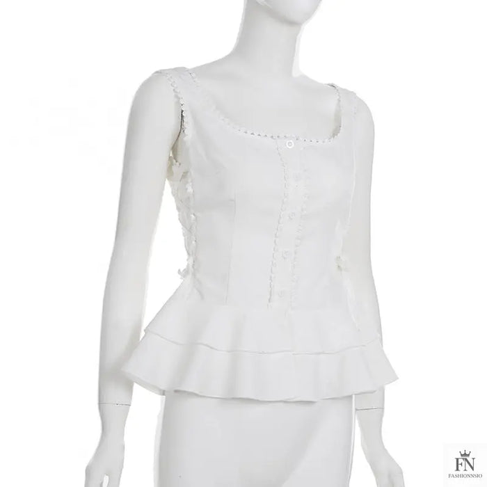 Button Side Drawstring Ruffle Top - Fashionnsio