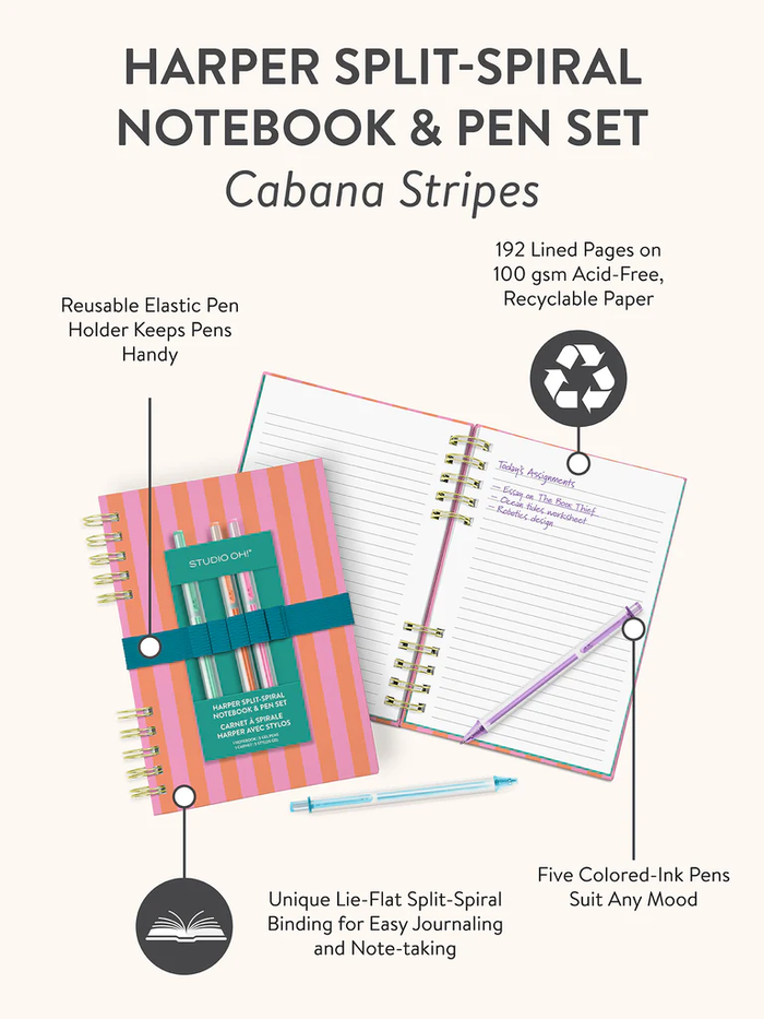 Cabana Stripes Harper Split-Spiral Notebook & Pen Set